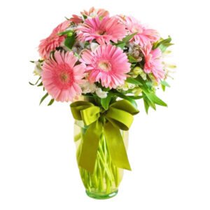 Jarrón con gerberas rosas