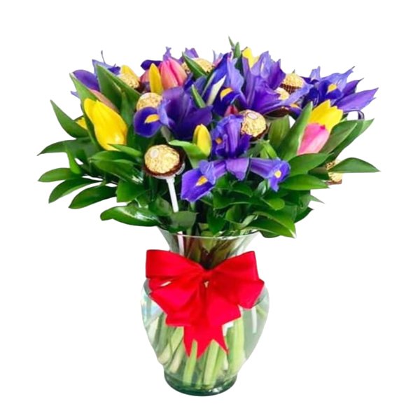 Jarrón con rosas e iris