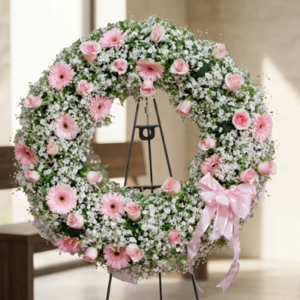 Corona Fúnebre Rosa con Rosas y Gerberas